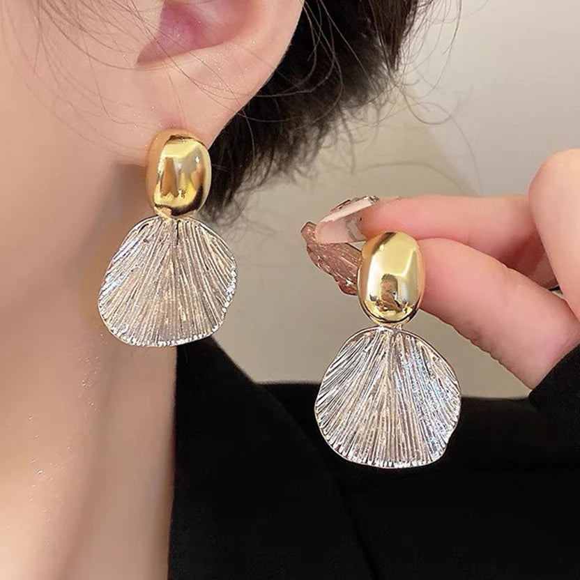 Korean Style Vintage Textured Metallic Fan Dangle Earrings