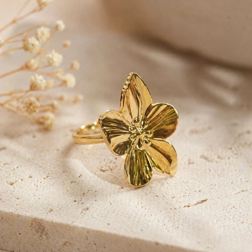 Korean Style Anti-Tarnish Gold Hibiscus Flower Adjustable Ring