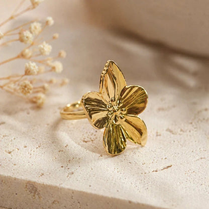 Korean Style Anti-Tarnish Gold Hibiscus Flower Adjustable Ring