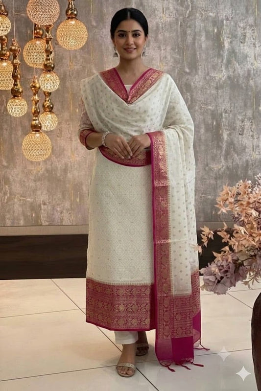 Exclusive Banarasi Mercerised Unstitched Salwar Kameez– Off-White & Magenta/Pink Border Resham Weaving with Lurex Dupatta