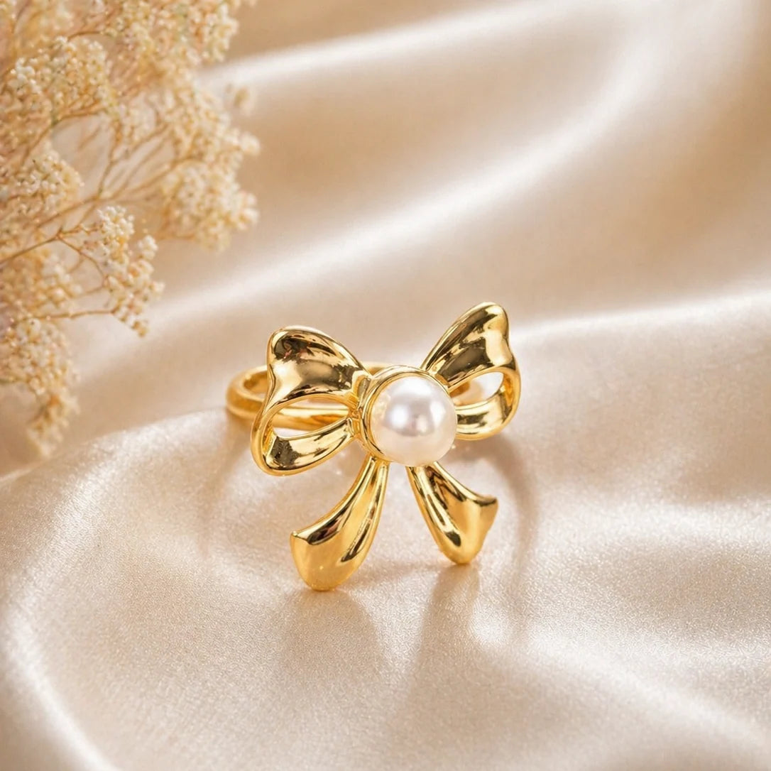 Korean Style Anti Gold Bow Pearl Statement - Ribbon Knot Accent Ring