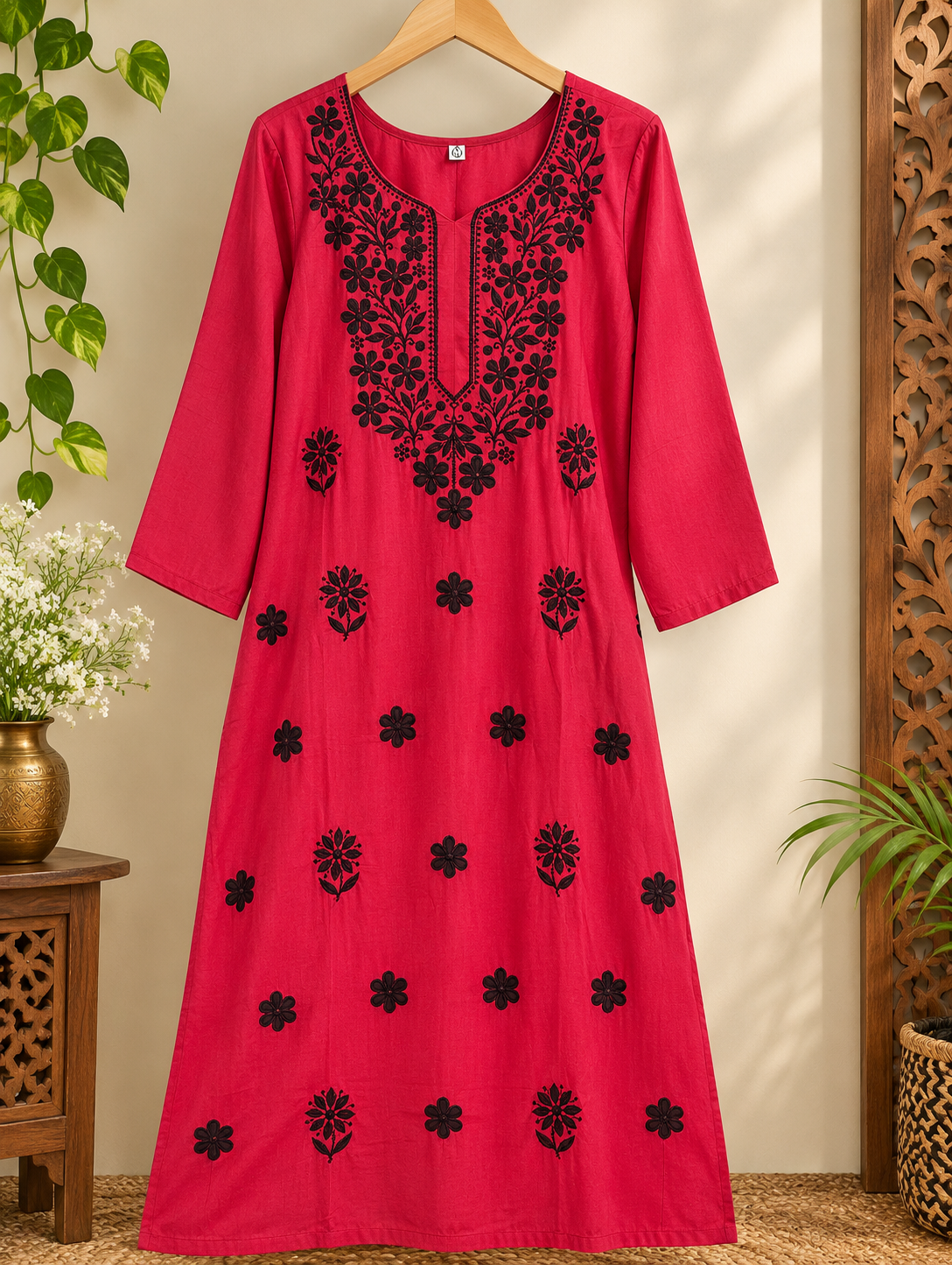 Beautiful Red Chikankari Embroidered Kurta' with Intricate and black Motifs