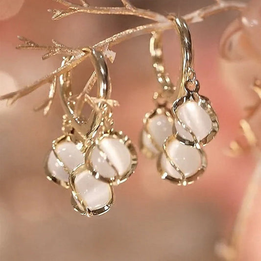 Korean Style Elegant Cat-Eye Stone Grape Cluster Drop Earrings