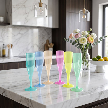 Reusable Plastic Champagne Flutes Wine Glasses Set Assorted Colours (6 Pc Set)