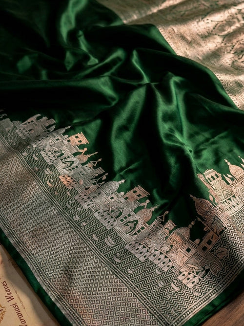Alluring Banarasi Mashru Pure Silk Saree – Forest Green with Zari Ganga Ghat Woven Border 
