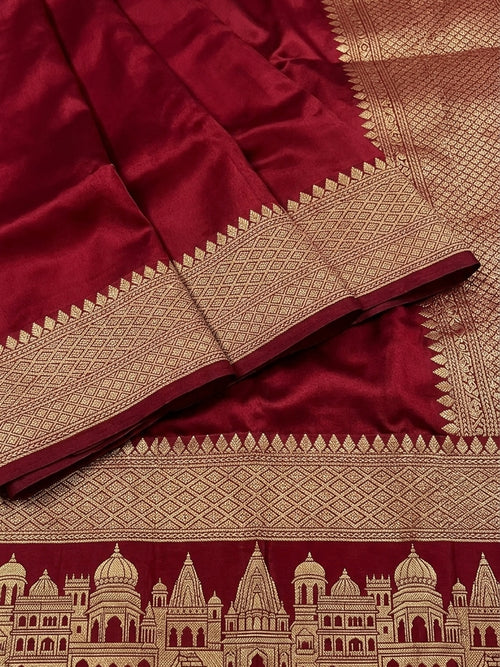 Alluring Banarasi Mashru Pure Silk Saree – Crimson Red with Ganga Ghat Woven Border