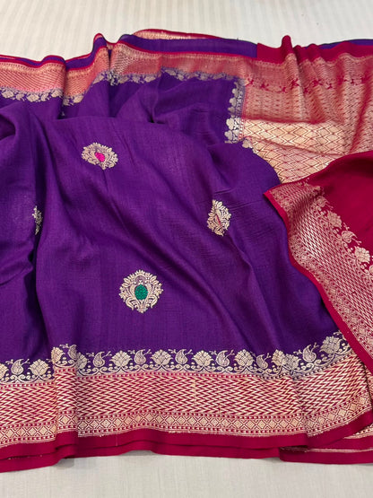 Handloom Banarasi Pure Tussar Georgette Silk Saree - Purple