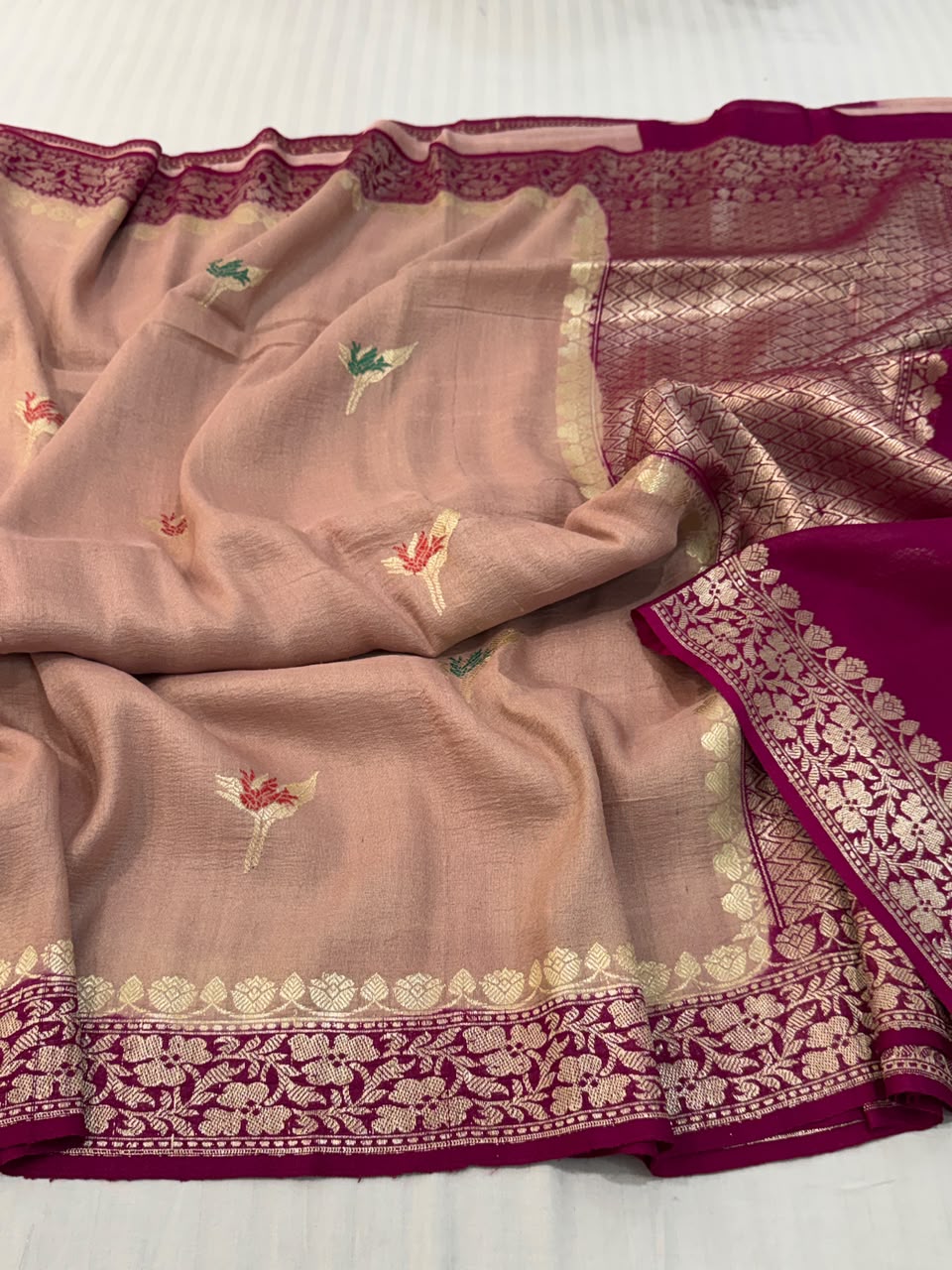 Handloom Banarasi Tussar Georgette Silk Saree – Blush Pink