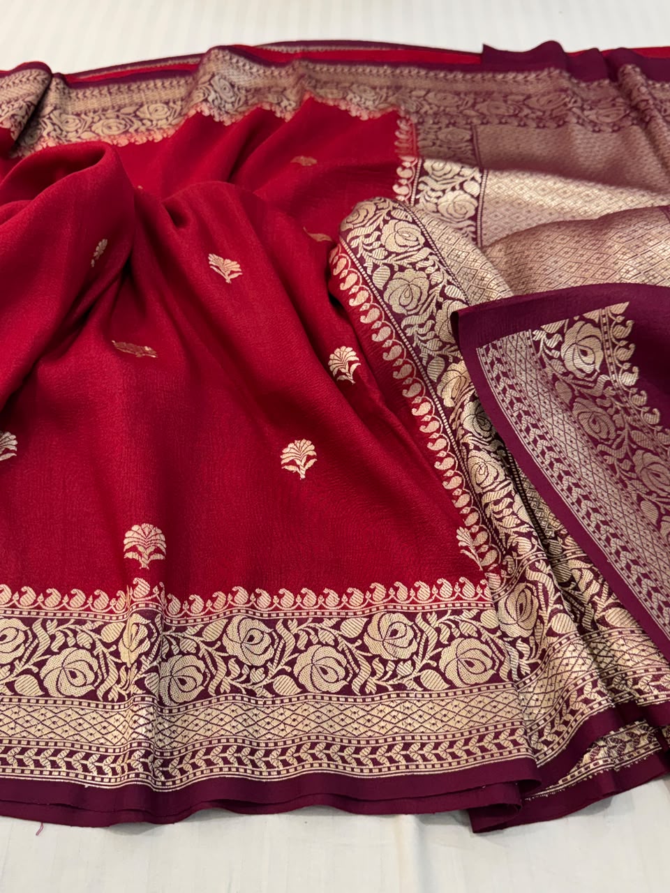 Handloom Banarasi Tussar Georgette Silk Saree – Ruby Red