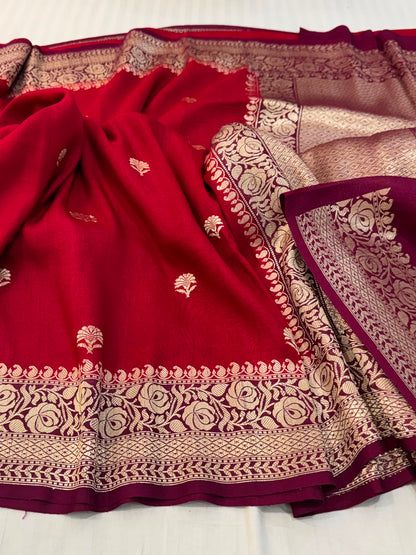 Handloom Banarasi Tussar Georgette Silk Saree – Ruby Red