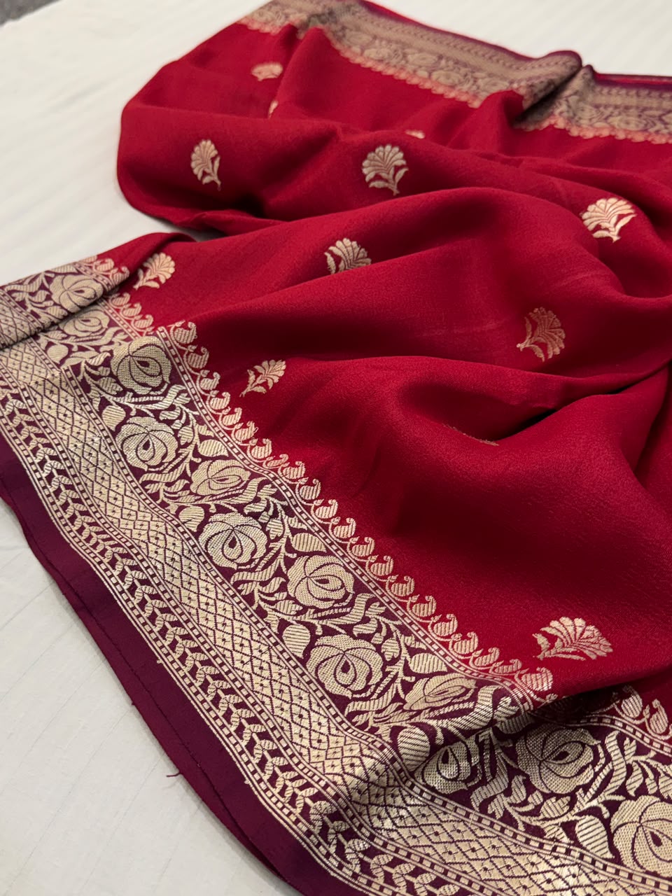 Handloom Banarasi Tussar Georgette Silk Saree – Ruby Red