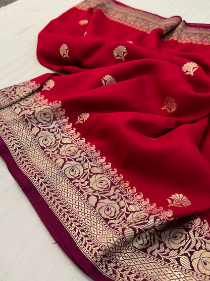 Handloom Banarasi Tussar Georgette Silk Saree – Ruby Red