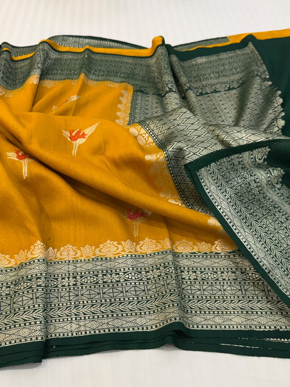 Mustard Handloom Banarasi Pure Tussar Georgette Silk Saree