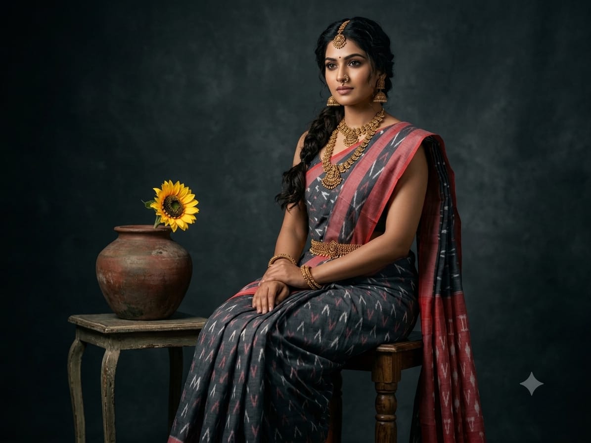 Ikkat Mercerized Cotton Sarees in Charcoal Grey and dusty pink combo