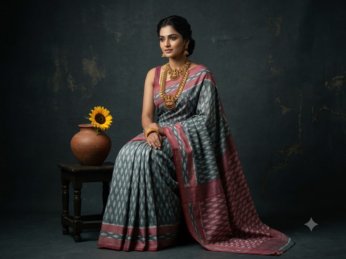 ikkat mercerised cotton saree in light grey and dusty pink border