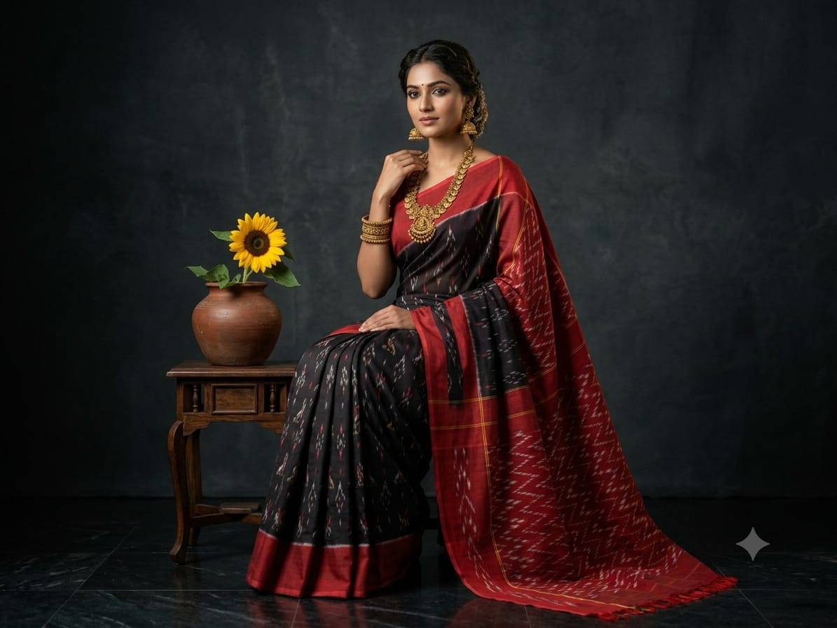 Ikkat Cotton saree in Black and crimson red combo