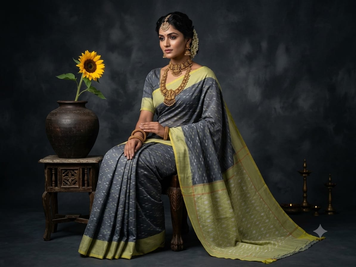 Ikkat cotton saree in Slate grey and pista green/yellow combo