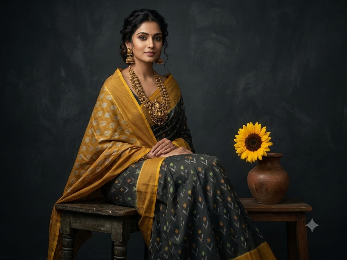 Ikkat Cotton Saree in Dark grey with mustard yellow combo