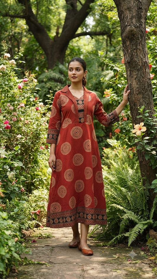 Pure Handloom Aline Ajrakh Cotton Kurti in Red and Black with Beige Motifs Combo-Kutch Craft