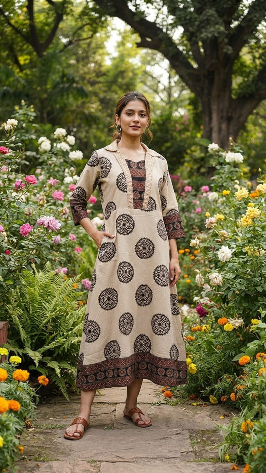 Pure Handloom Aline Ajrakh Cotton Kurti in Creamy Beige Combo-Kutch Craft