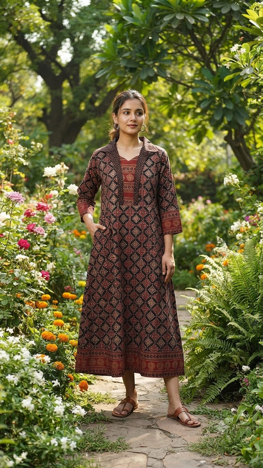 Elegant Black & Maroon Ajrakh Cotton Kurti in Geometric Hand Block Pattern