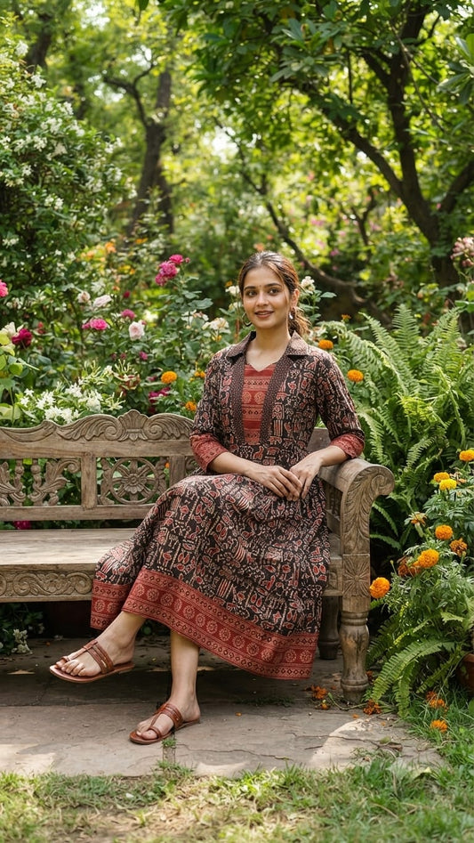 Pure Handloom Aline Ajrakh Cotton Kurti with Black And Maroon Combo-Kutch Craft