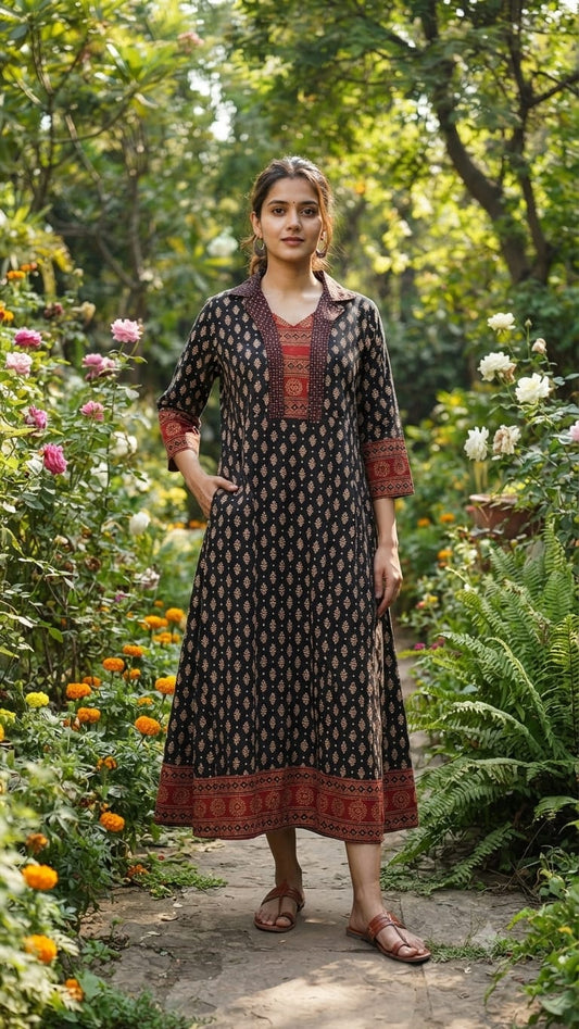 Handloom Aline Black & Maroon Ajrakh Cotton Kurti in Creamy Beige Combo-Kutch Craft