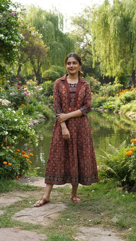 Handloom Aline Maroon Ajrakh Cotton Kurti in Maroon  Combo-Kutch Craft