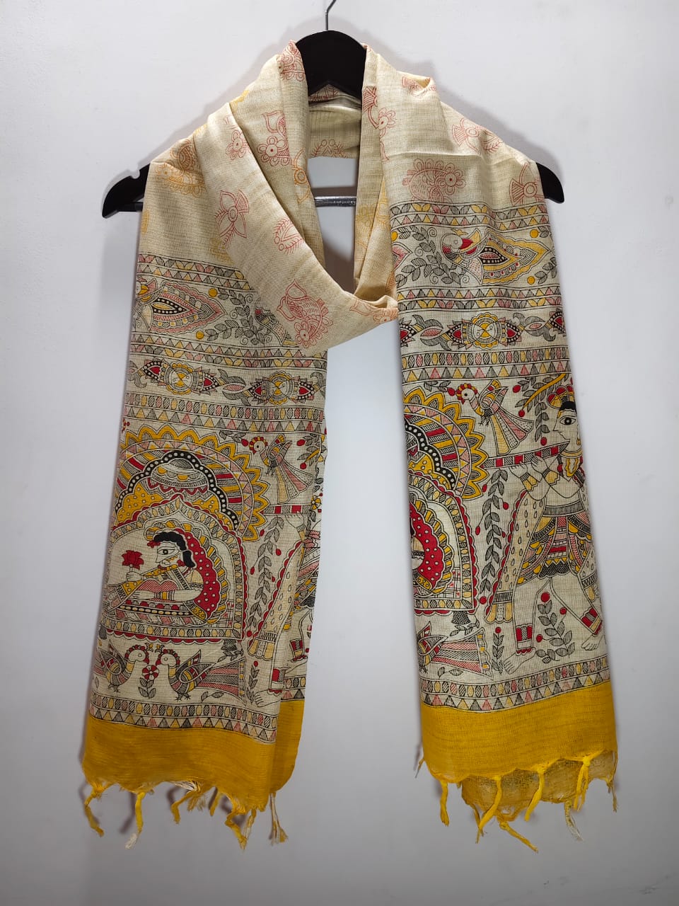 Madhubani Folk Art Tussar Silk Dupatta with Beige & Mustard Yellow Border
