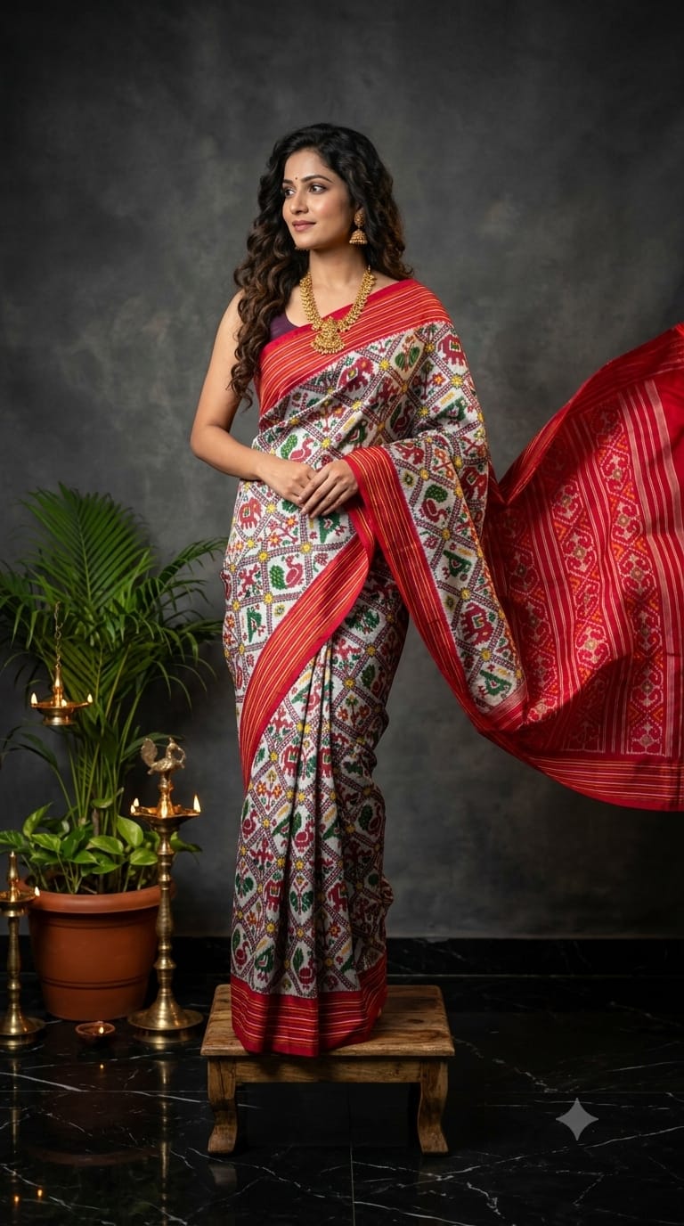 Designer Pure Ikkat Silk Saree with Rich Red Border