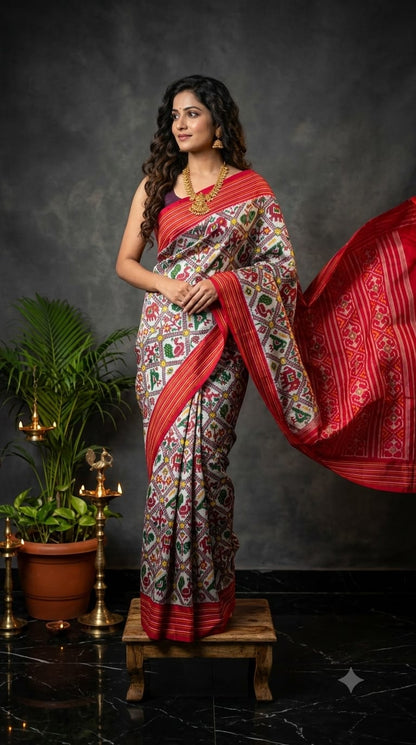 Designer Pure Ikkat Silk Saree with Rich Red Border