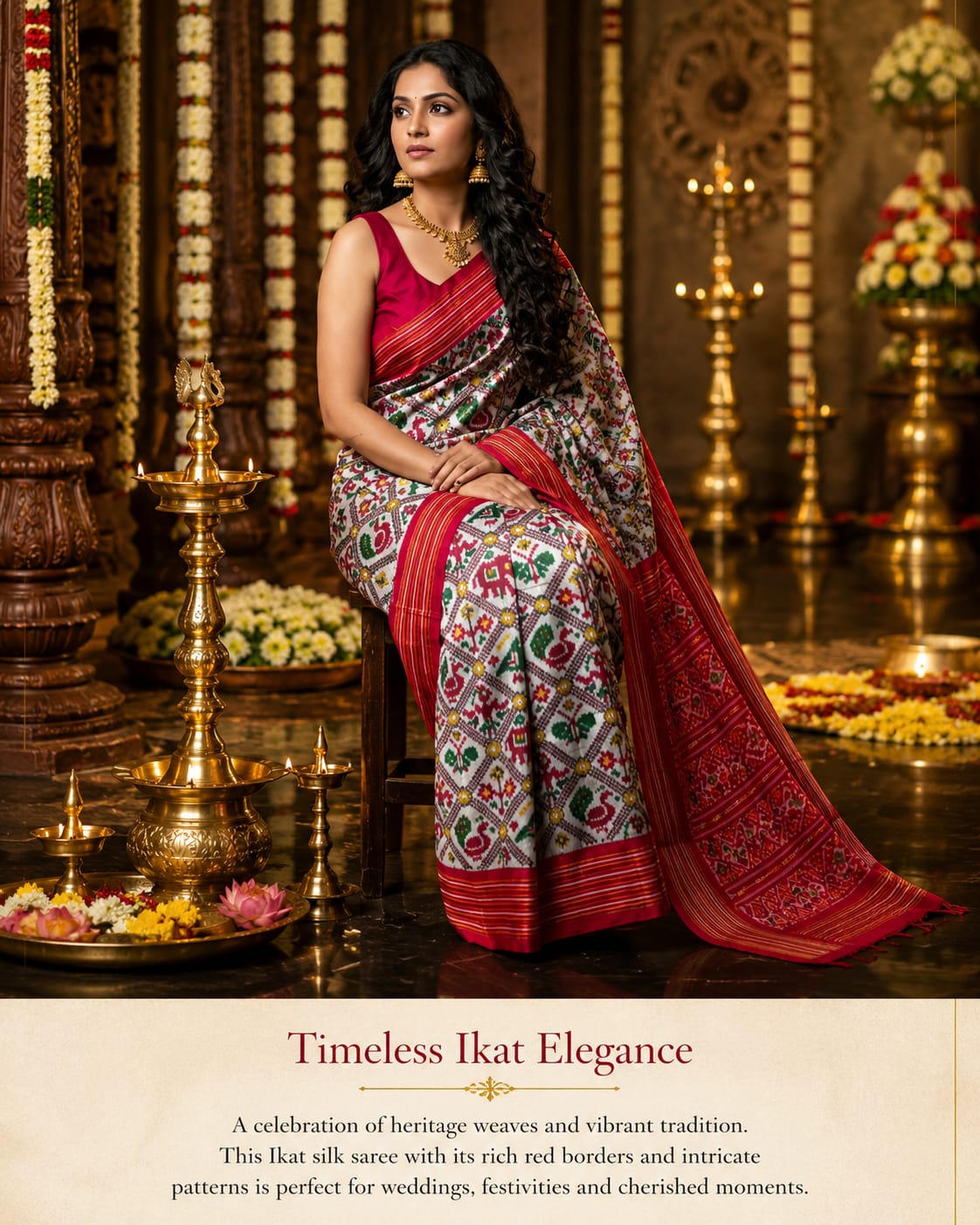 Designer Pure Ikkat Silk Saree with Rich Red Border