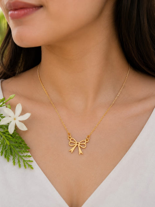 Dainty Gold Ribbon Bow Pendant Necklace - Minimalist Everyday Elegance