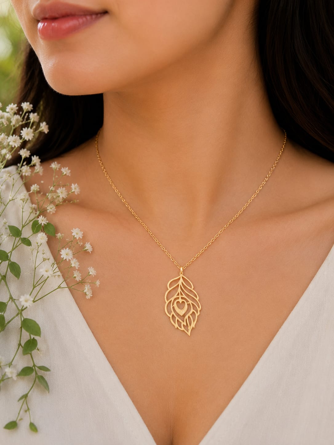 Wildflower & Peacock Feather Gold Pendant Necklace - Radiant Energy & Nature-Inspired Grace