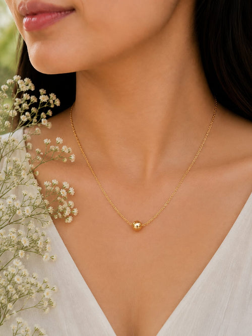Golden Orbit Solitaire Bead Pendant Necklace - Minimalist Everyday Elegance