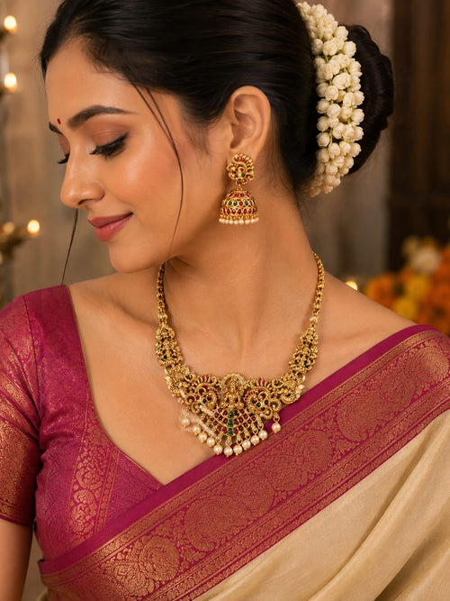 Alluring Goddess Lakshmi Temple Gold Necklace Set with Matching Jhumka Earrings