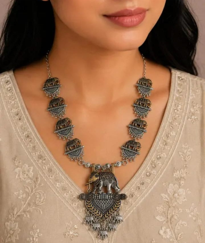 Royal Dual-Tone Elephant Motif Oxidised Silver Necklace Set with Earrings
