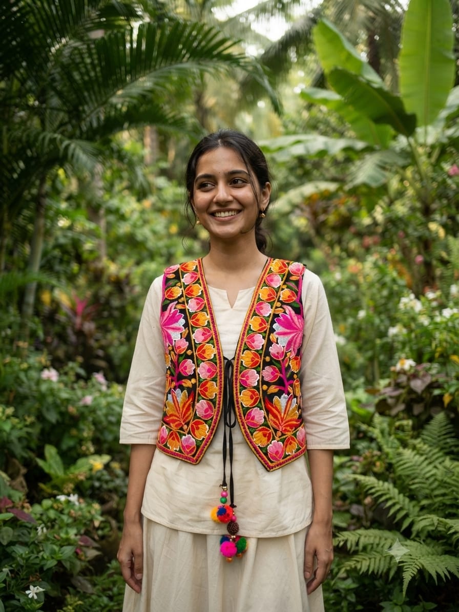 Handcrafted Kutchi Embroidered Black Cotton Jacket with Vibrant Floral Bloom Motifs