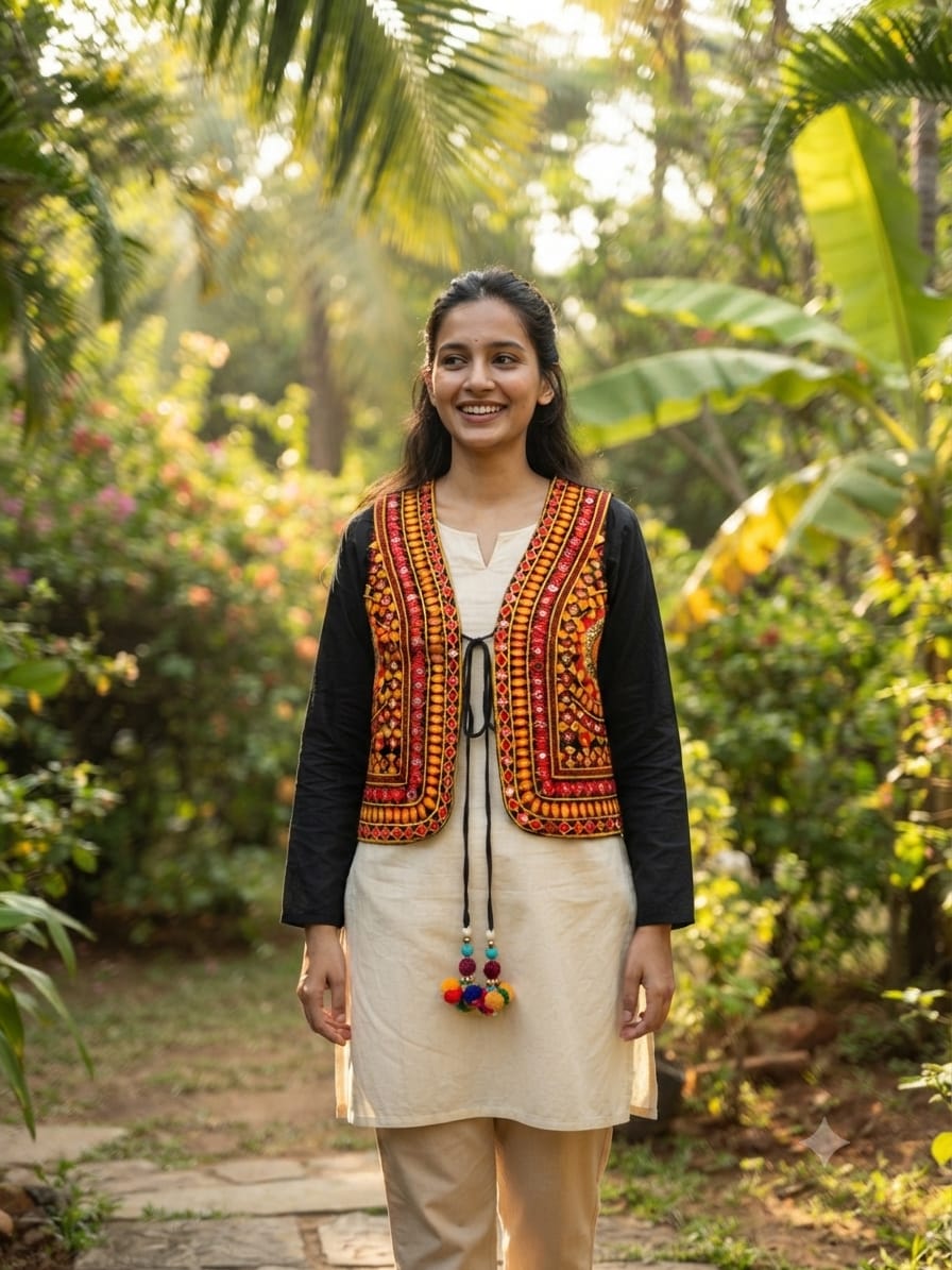 Handcrafted Kutchi Embroidered Yellow & Orange Cotton Long-Sleeve Jacket with Tribal Borders