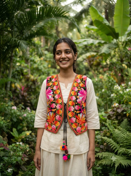 Handcrafted Kutchi Embroidered Black Cotton Jacket with Vibrant Floral Bloom Motifs