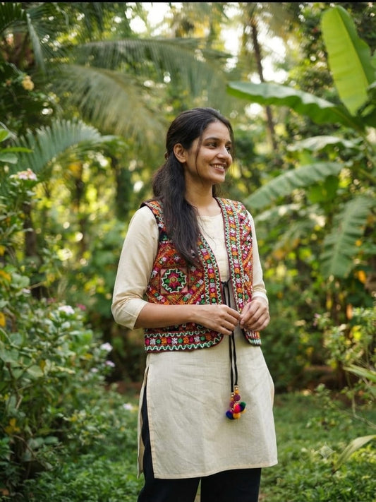 Handcrafted Kutchi Embroidered Maroon & Rust Cotton Jacket with Geometric Star Motifs