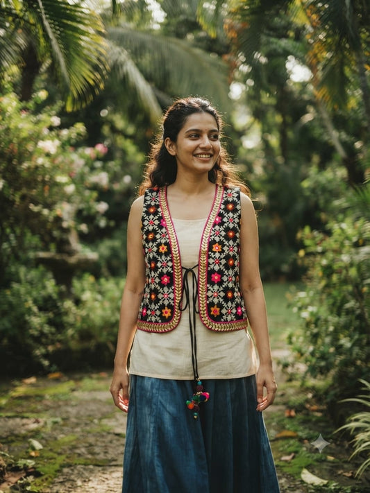 Handcrafted Kutchi Embroidered Black Cotton Jacket with Floral Star Motifs & Tassels