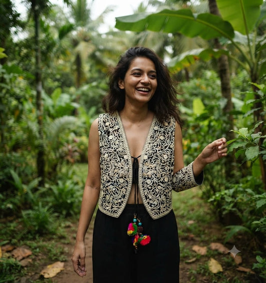 Handcrafted Kutchi Embroidered Monochrome Black & Cream Cotton Jacket with Floral Swirls