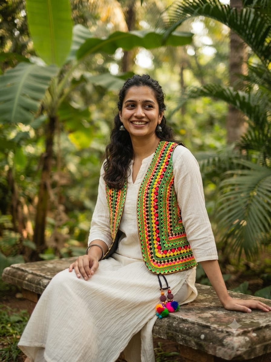 Handcrafted Kutchi Embroidered Green & Yellow Cotton Jacket with Geometric Lattice Motifs