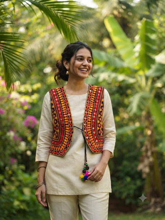 Handcrafted Kutchi Embroidered Warm Yellow & Red Cotton Jacket with Tribal Diamond Motifs