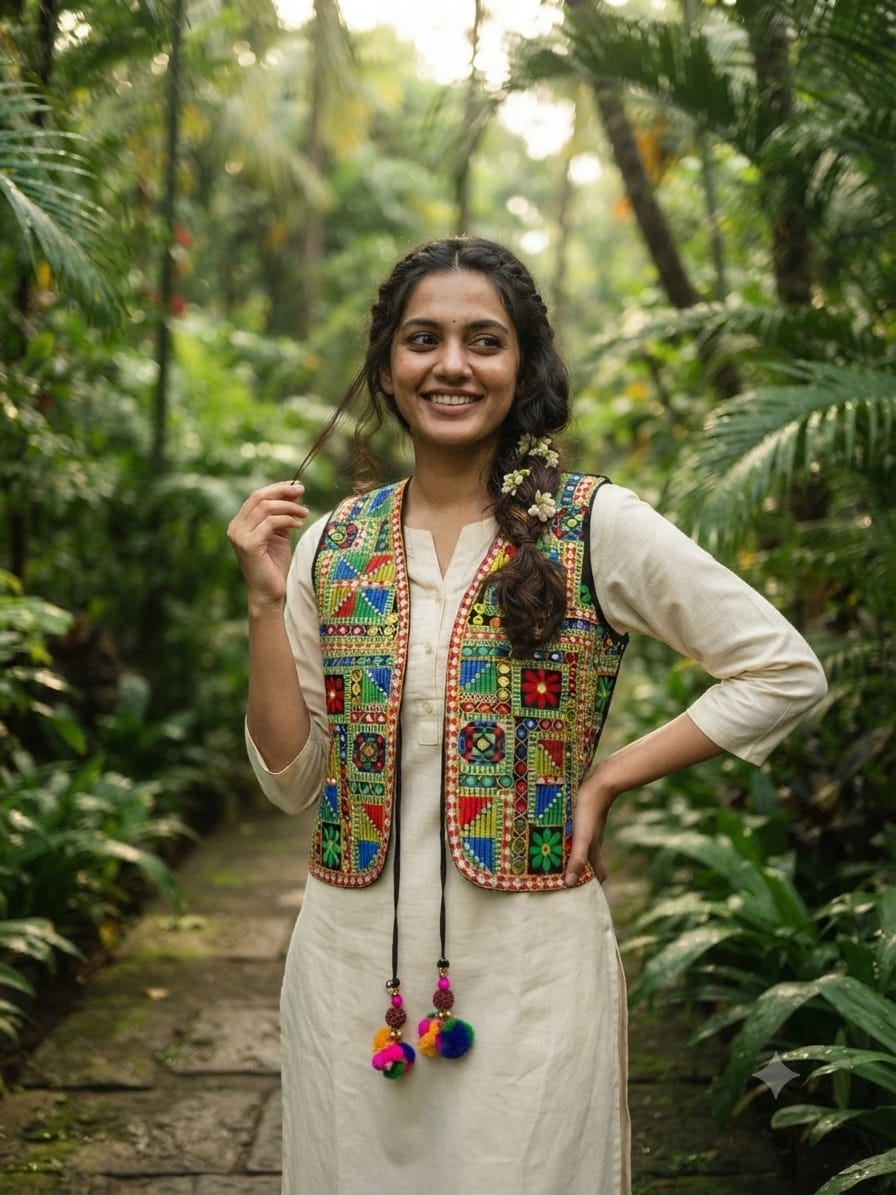 Handcrafted Kutchi Embroidered Multicolor Geometric Patchwork Cotton Jacket with Tassels