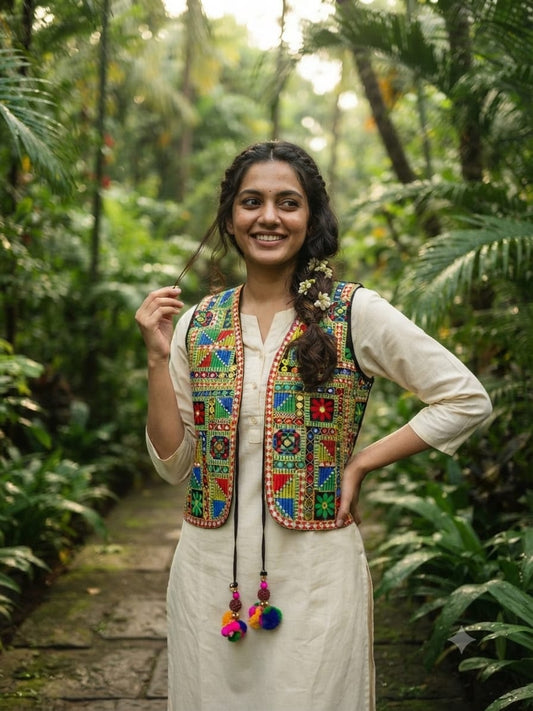 Handcrafted Kutchi Embroidered Multicolor Geometric Patchwork Cotton Jacket with Tassels