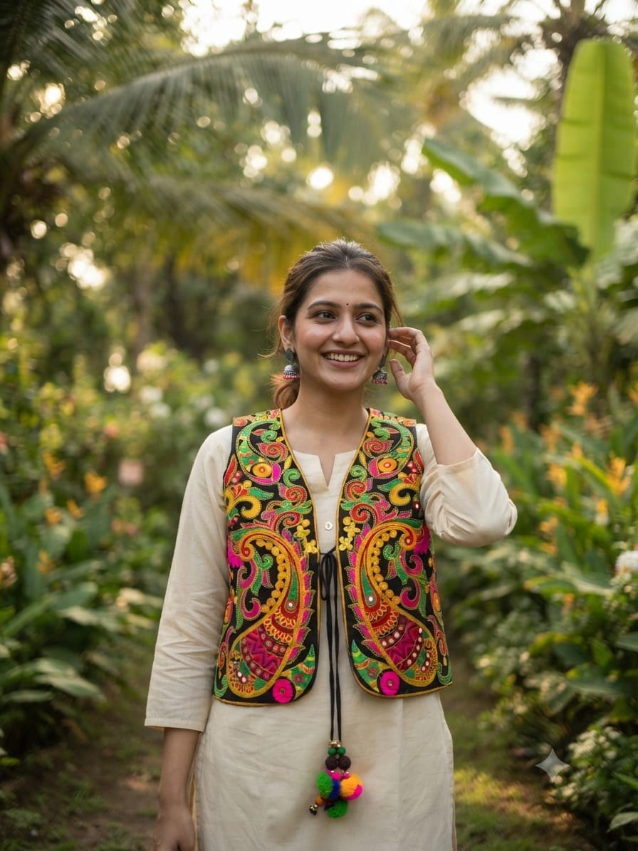 Handcrafted Kutchi Embroidered Cotton Jacket with Vibrant Paisley & Swirl Motifs