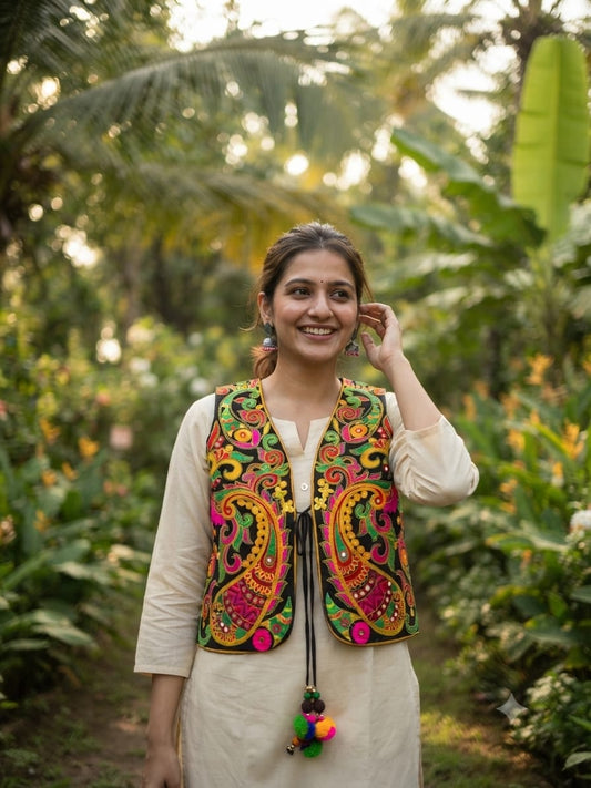 Handcrafted Kutchi Embroidered Cotton Jacket with Vibrant Paisley & Swirl Motifs
