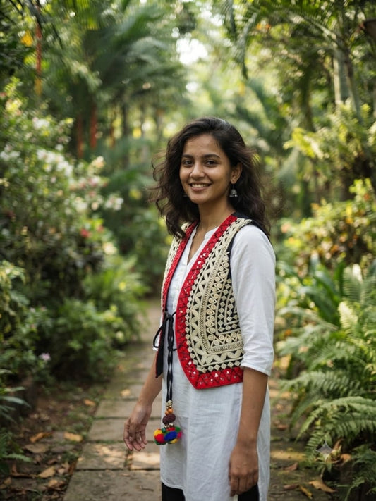 Handcrafted Kutchi Embroidered Ivory & Red Cotton Jacket with Tribal Geometric Work